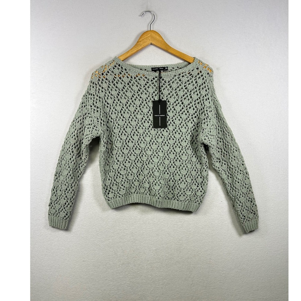 Moon & Madison Crochet Sweater Womens XS Green NEW Open Knit Diamond